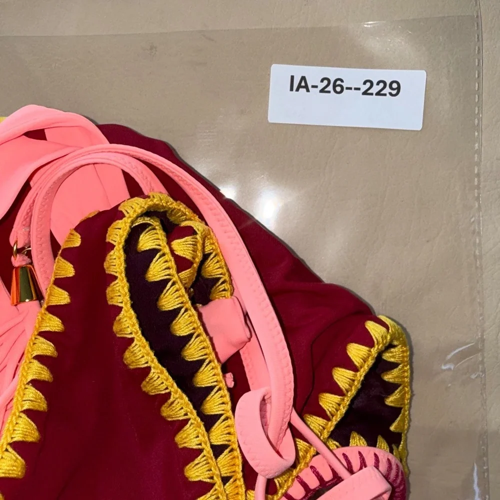 Burgundy High Neck Crochet Trim‎ Bikini Top Pink Tassels Gold Charms Boho